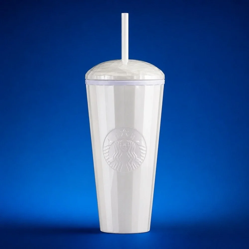 Starbucks White Pearl Iridescent Faceted Cold Cup Tumbler 24 oz With Straw